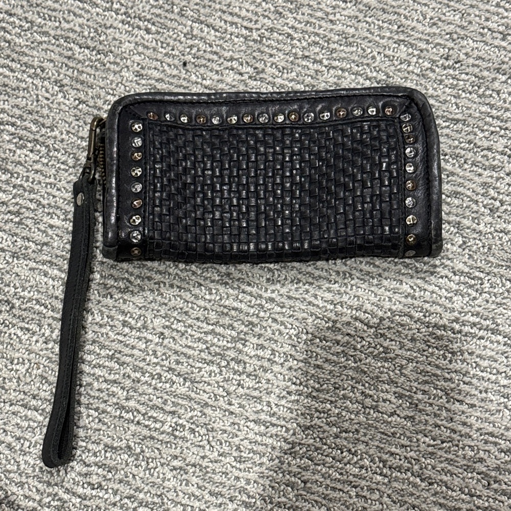 Black Woven Leather Wristlet with Studded Trim